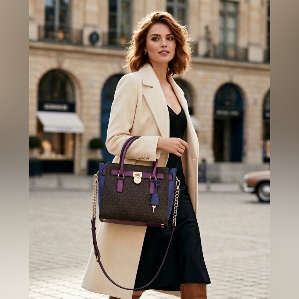 Michael Kors Hamilton Plum Violet Leather & Signature Monogram Canvas Satchel - Picture 17 of 17